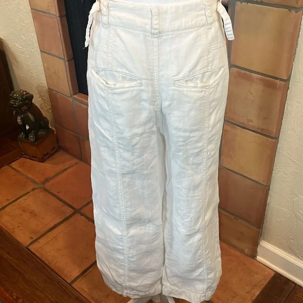 Free People Off-White Linen Wide Leg Pleated Buckle Pants, size 4 - Picture 6 of 10
